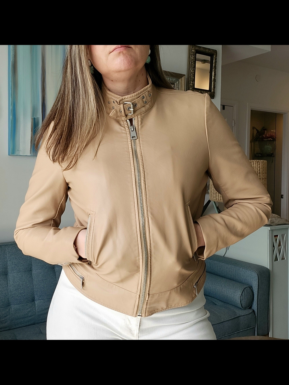 Levis Beige Faux Leather Biker Jacket with Buckle Collar